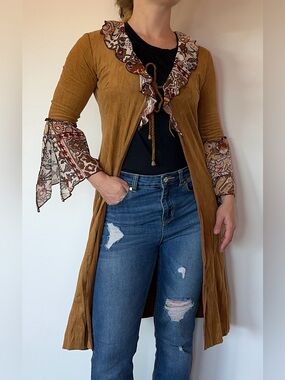 Vintage Suede Boho Ruffle Duster with Printed Trim